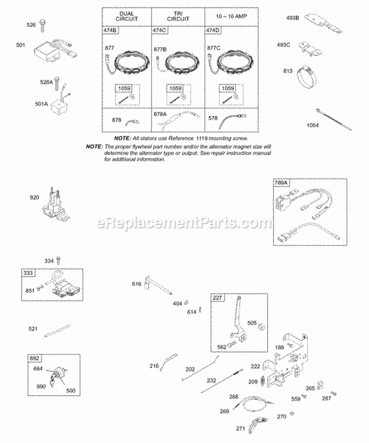 Alternator Controls Ignition Diagram and Parts List for 312777-0130-E1  Briggs and Stratton Engine